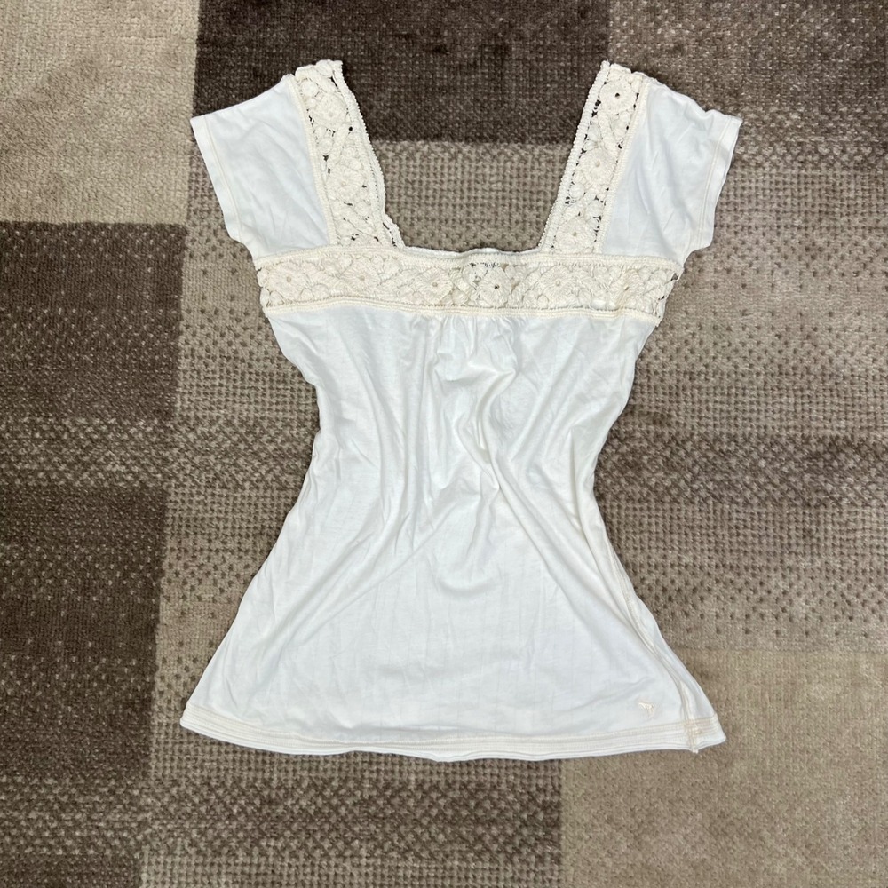 Abercrombie & Fitch White Crochet Lace Trim Babydoll Top Womens M Y2K